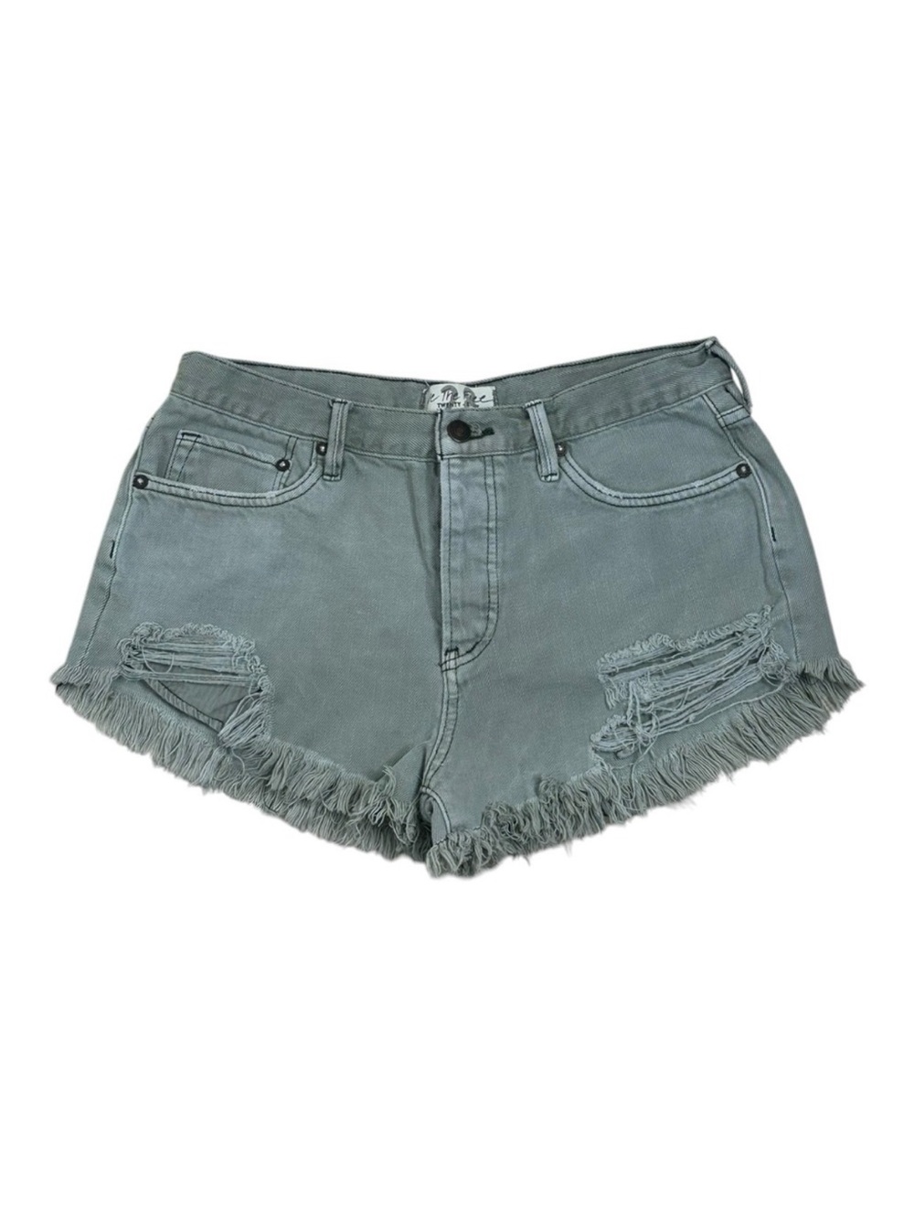 We The Free Distressed Frayed Hem Denim Shorts - Sage Green